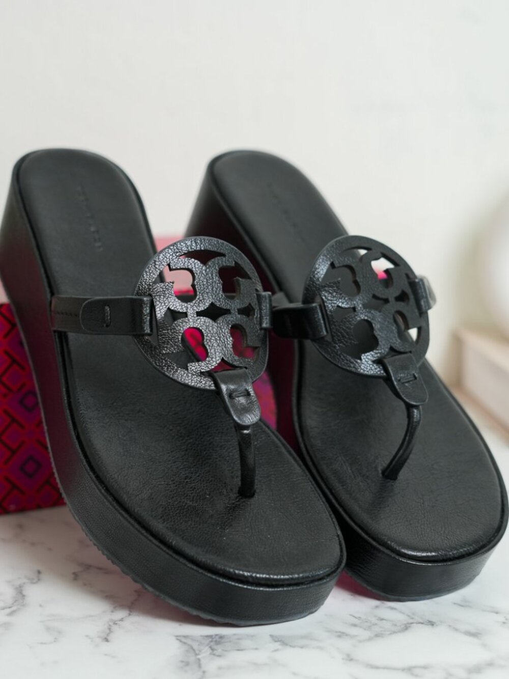 Tory Burch Miller Platform Wedge Sandals 25mm Black Patent Leather size 8.5 NIB